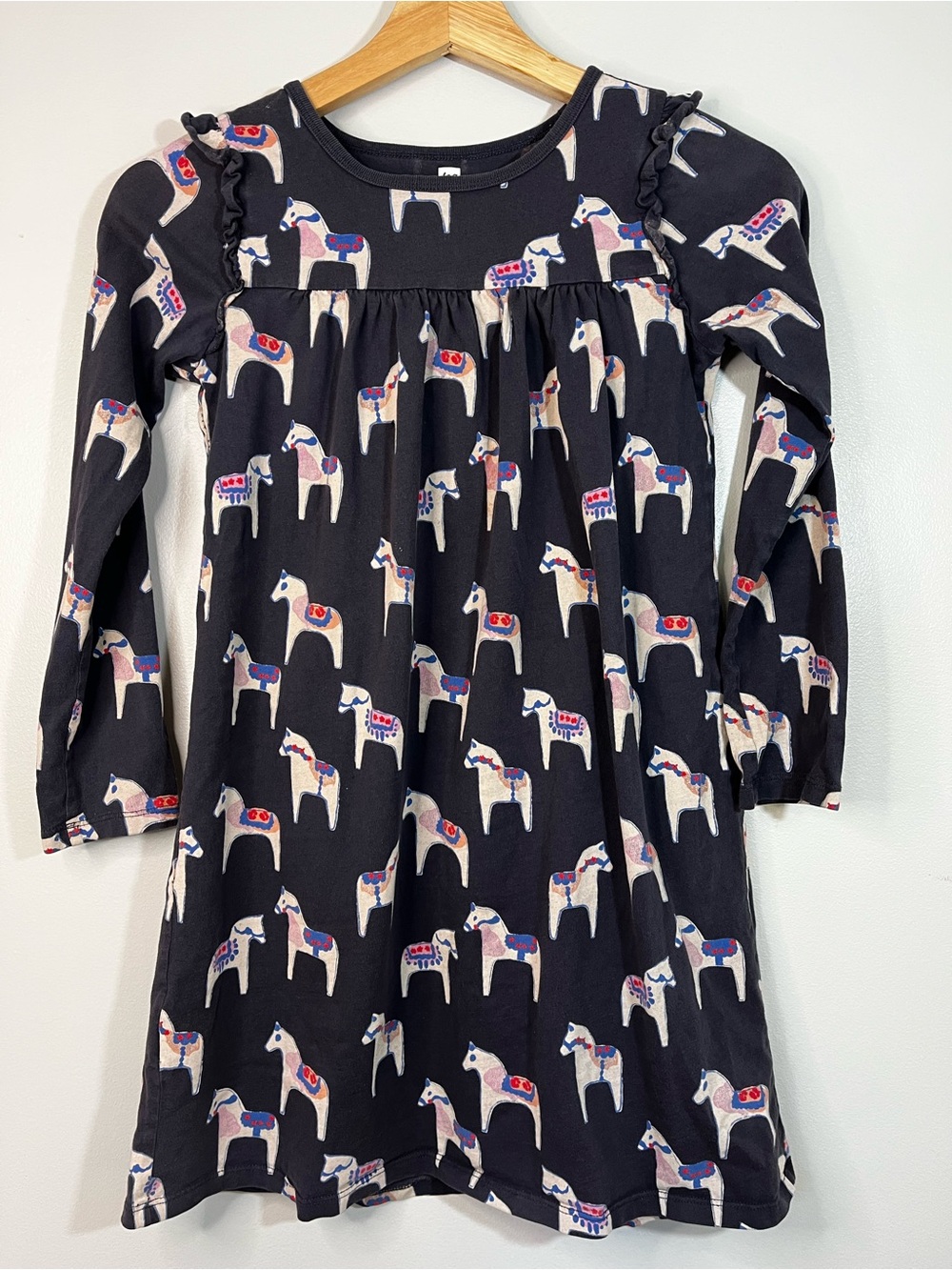 Tea Collection Charcoal Gray 100% Cotton Dress with Horse Print Girl’s 12